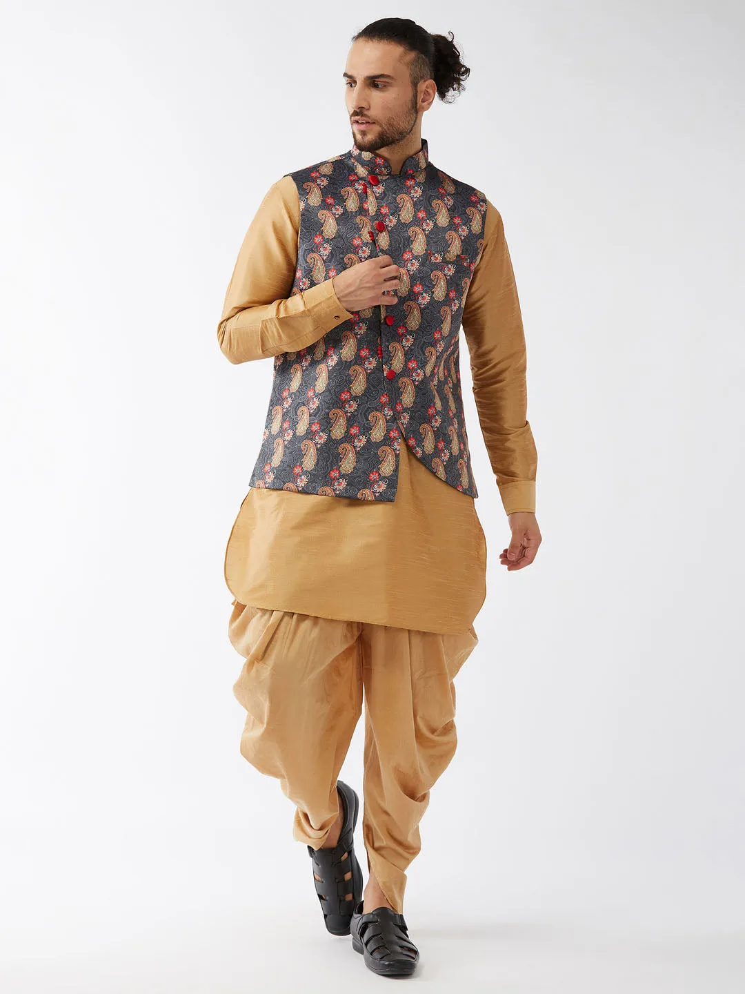 VASTRAMAY Men's Cotton Blend Ethnic Jacket With Rose Gold Silk Blend Kurta and Dhoti Pant