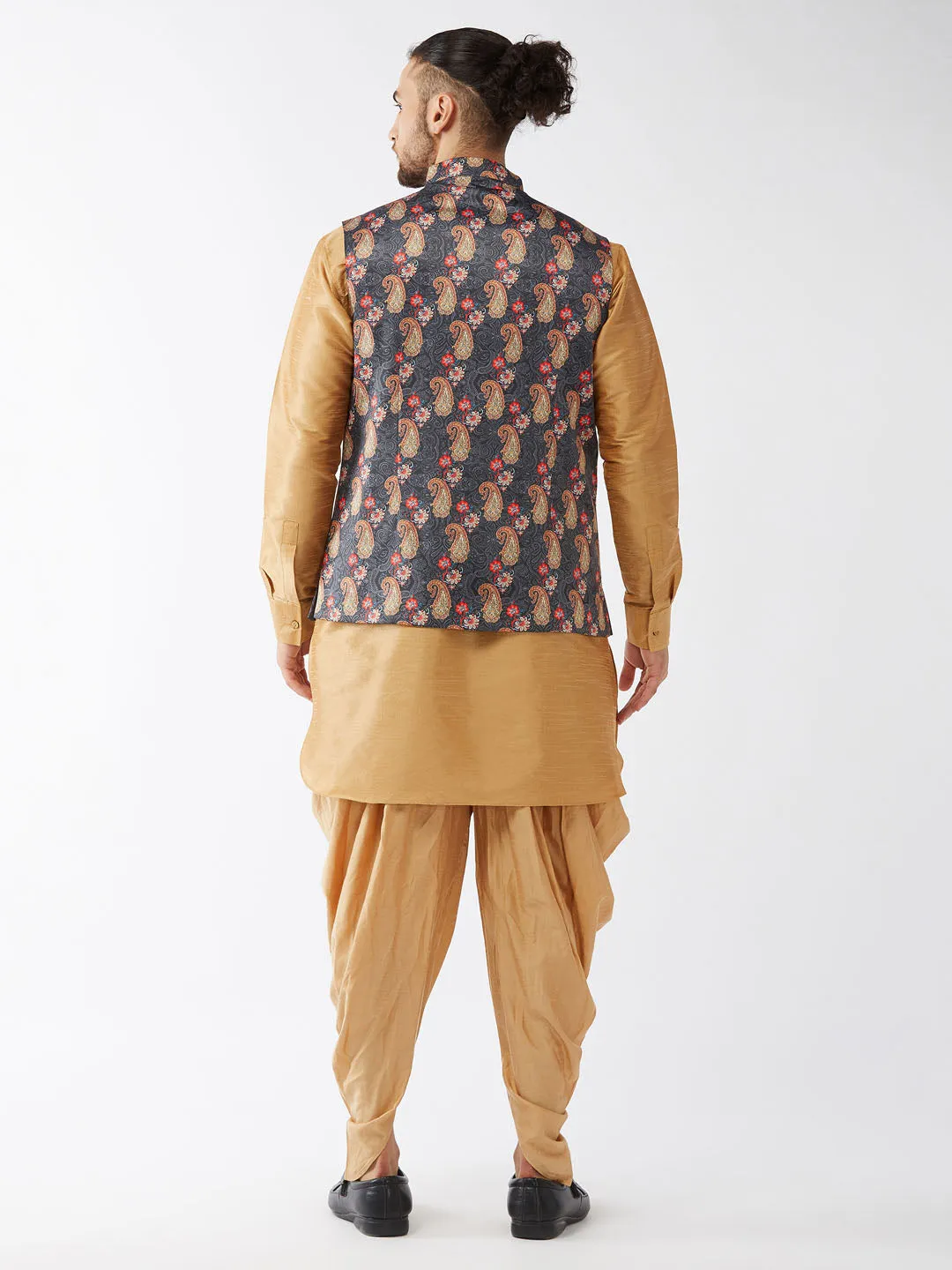 VASTRAMAY Men's Cotton Blend Ethnic Jacket With Rose Gold Silk Blend Kurta and Dhoti Pant