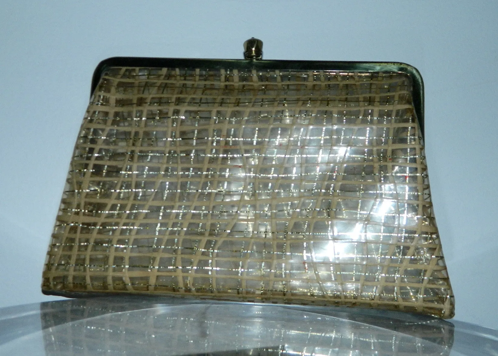 vintage 1950s plastic clutch bag clear gold metallic plaid