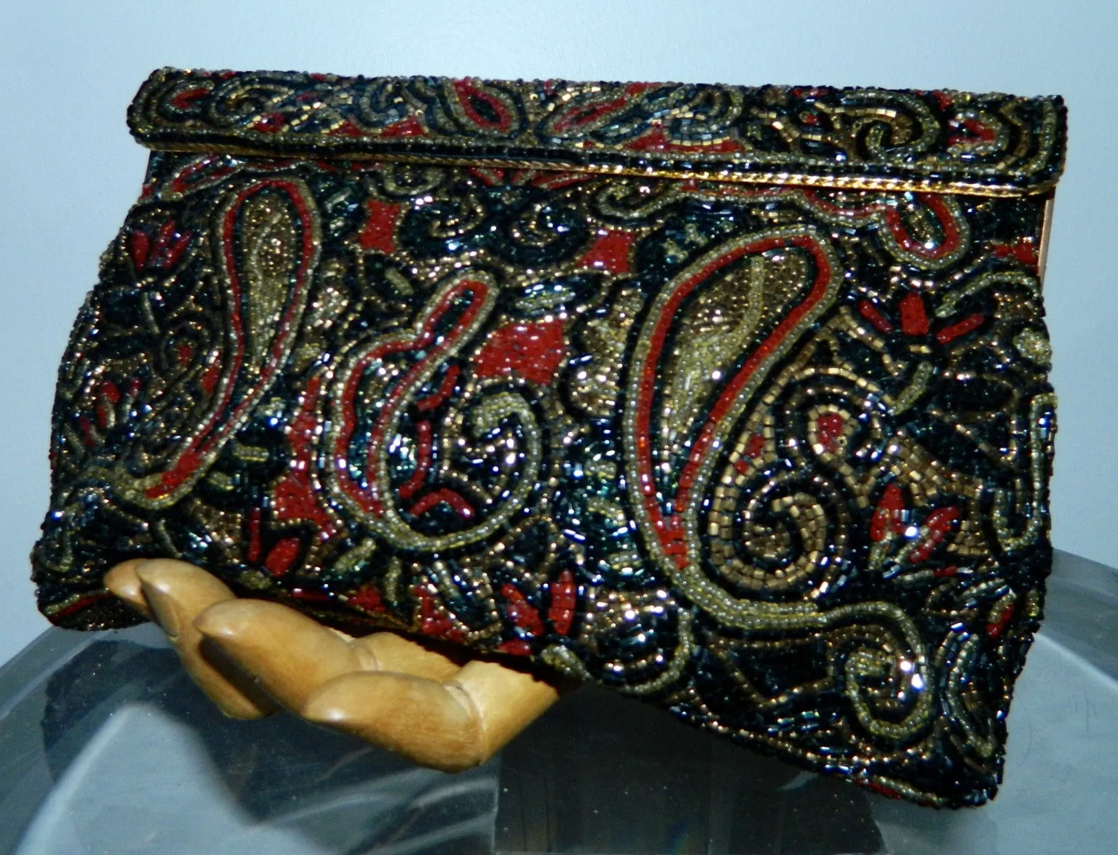 vintage black beaded evening bag 1950s WALBORG paisley clutch handbag