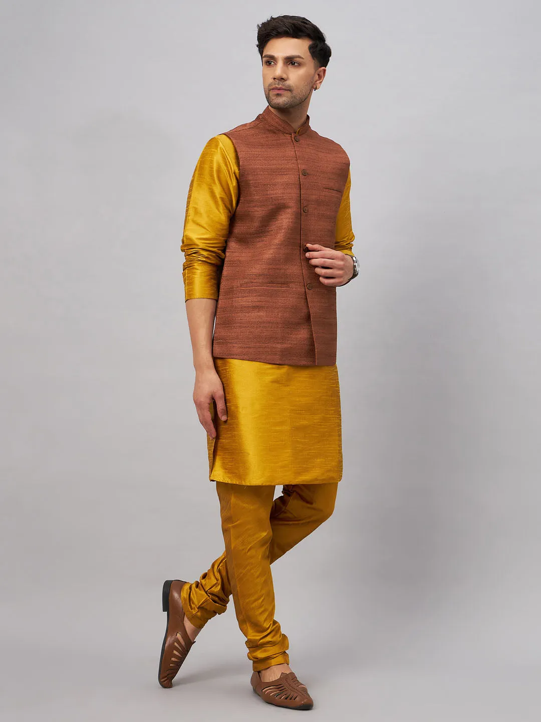 VM BY VASTRAMAY Men's Coffee Jacket With Mustard Kurta And Pyjama Set