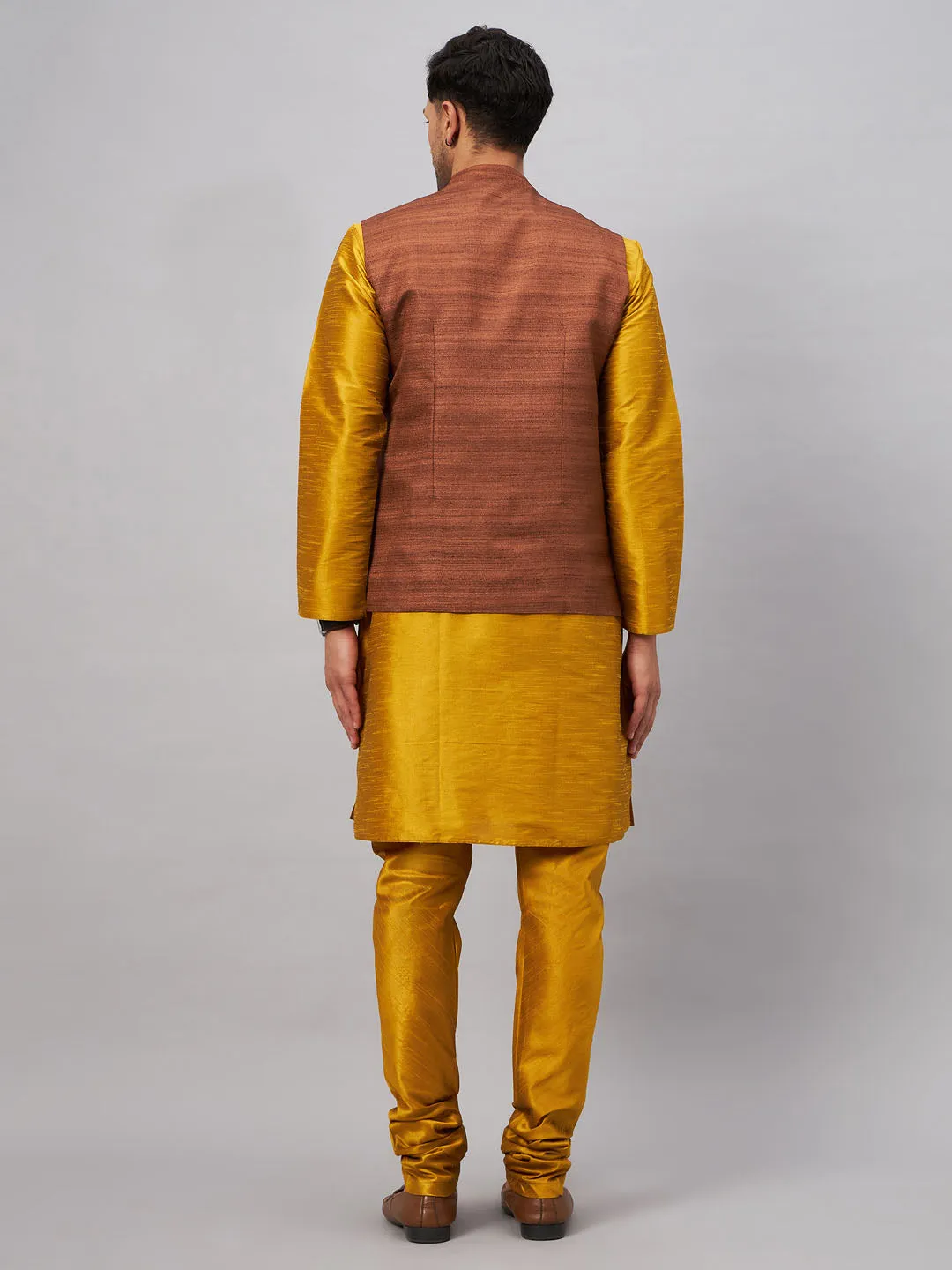 VM BY VASTRAMAY Men's Coffee Jacket With Mustard Kurta And Pyjama Set