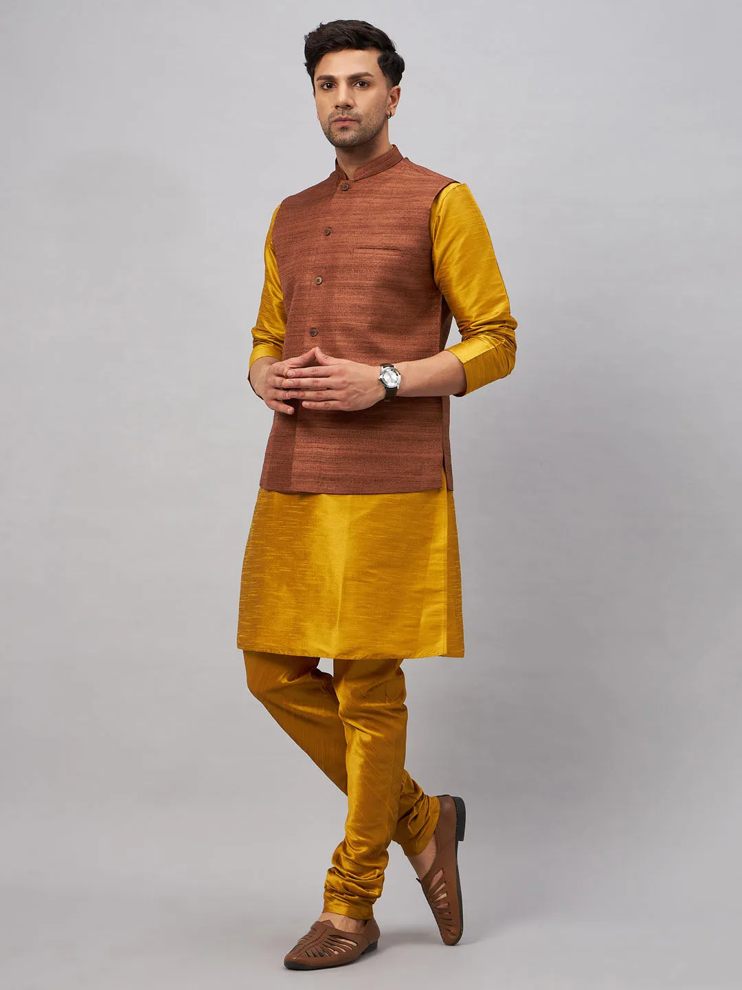 VM BY VASTRAMAY Men's Coffee Jacket With Mustard Kurta And Pyjama Set