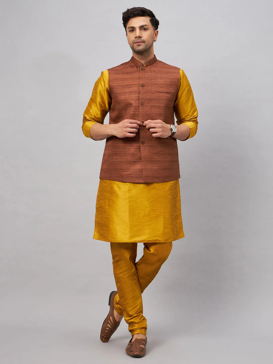 VM BY VASTRAMAY Men's Coffee Jacket With Mustard Kurta And Pyjama Set