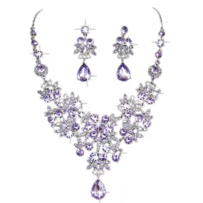 Wedding Bridal Charm Purple Rhinestone Necklace Earring Jewelry Set