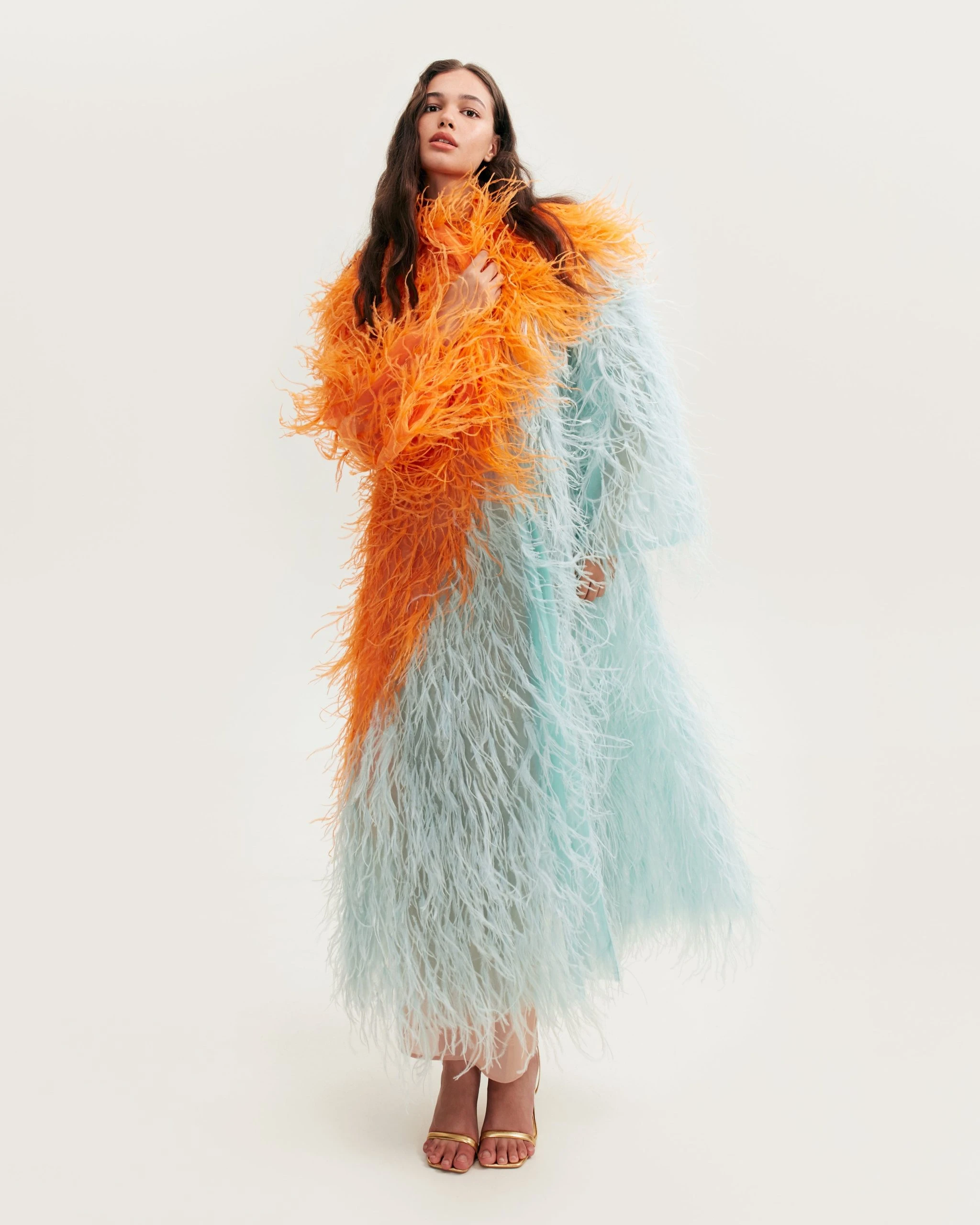 		Whimsical 2-colored feather-trimmed coat, Xo Xo	