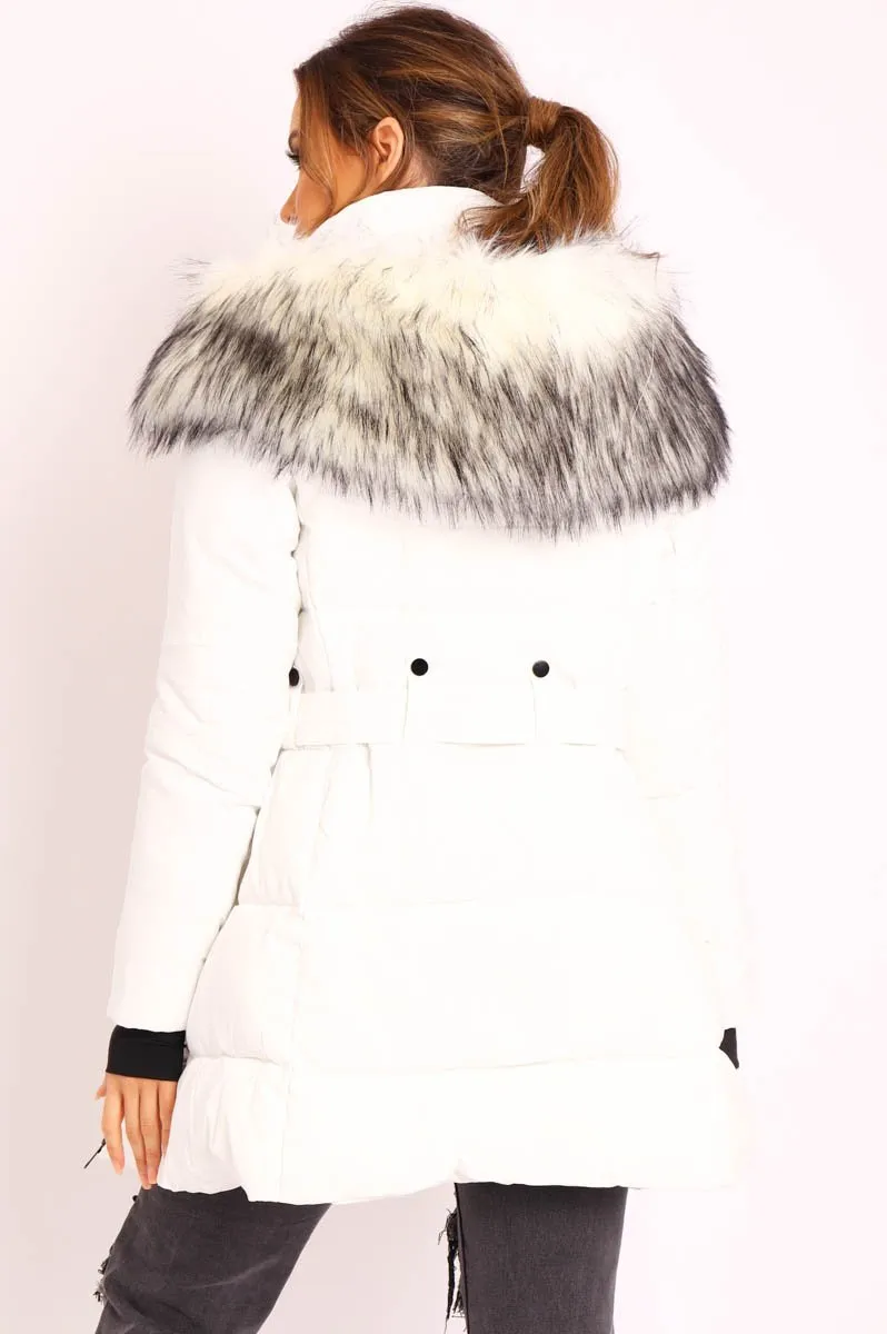 White Adjustable Waist Longline Puffer Coat - Zofia