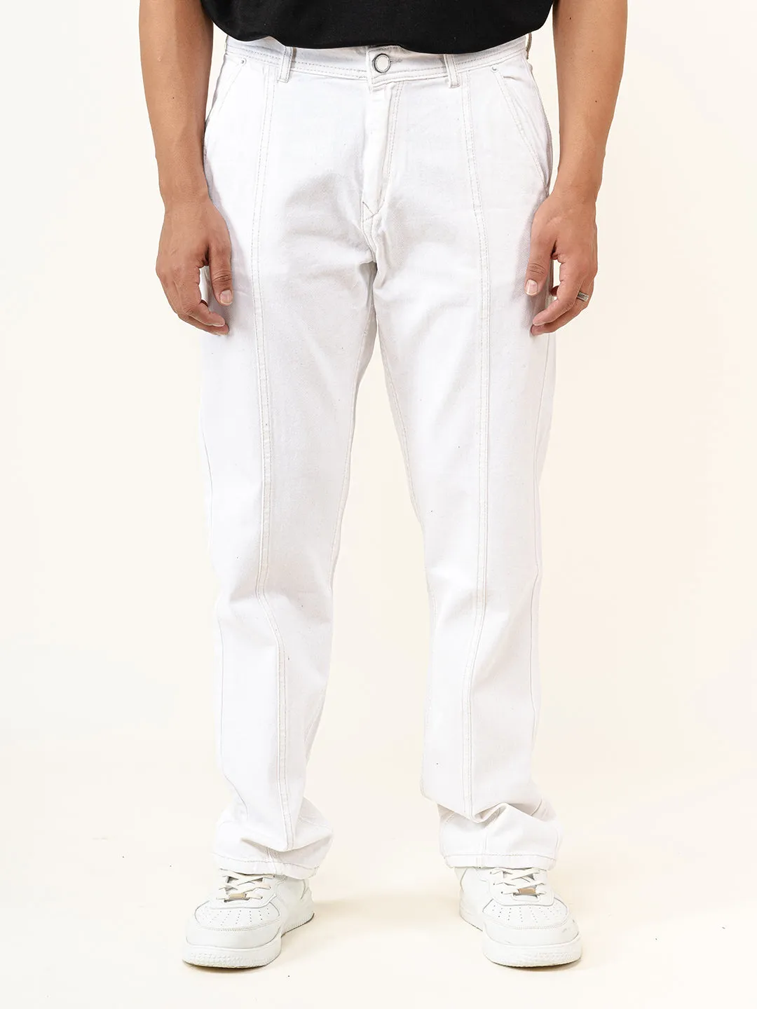 White Flared Straight Fit Denim Cargo Jeans