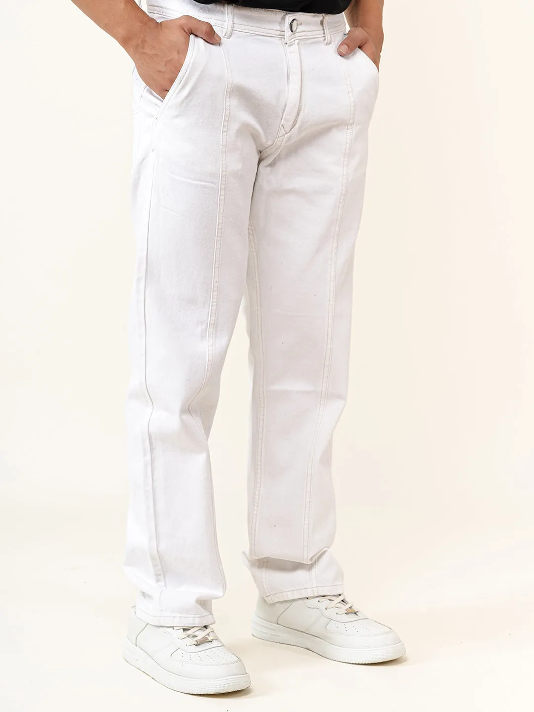 White Flared Straight Fit Denim Cargo Jeans