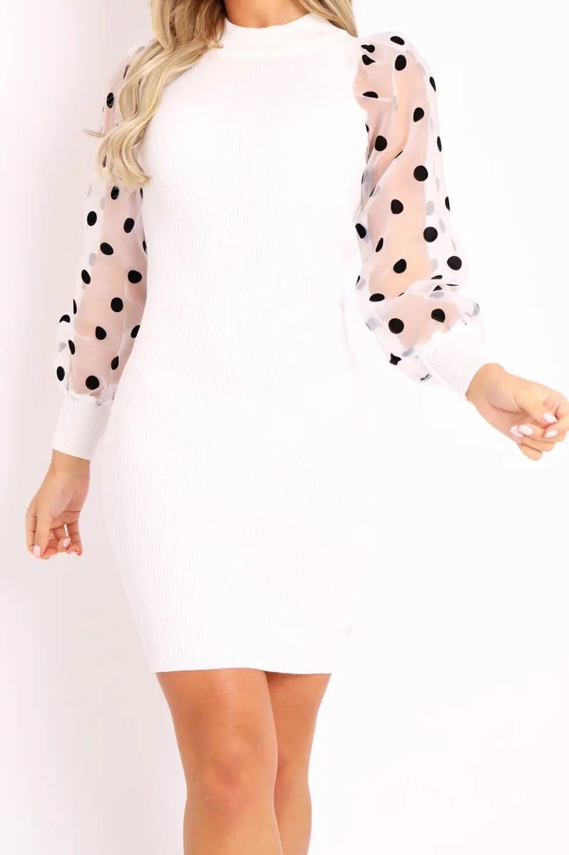 White Polka Puff Sleeve Knit Ribbed Mini Dress - Amai