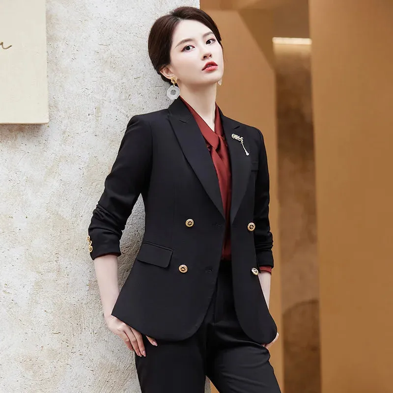 Women's Formal Long Sleeve Slim Blazer High Wais Pants Two Piece Suit