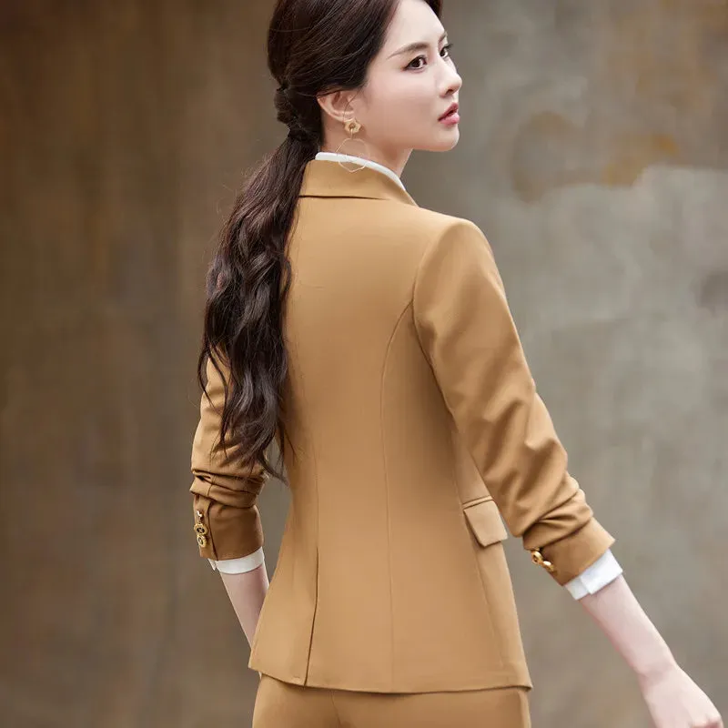 Women's Formal Long Sleeve Slim Blazer High Wais Pants Two Piece Suit