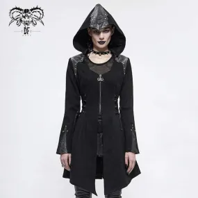 Women's Gothic Long Sleeved Faux Leather Trimmed Long Coat Jacket