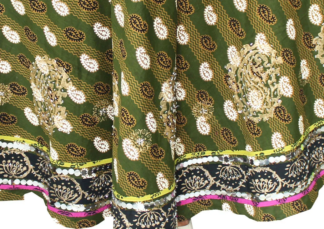 Womens Long Indian Skirt Cotton Block Printed Designer India Clothing (Green)