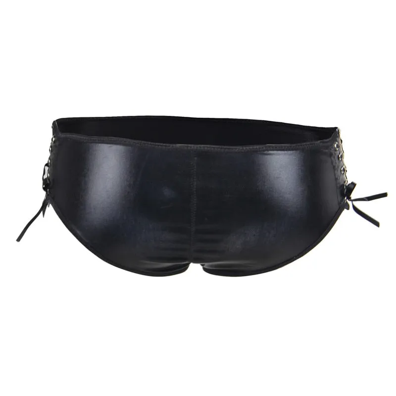 Women's Sexy Leather Low Waist Panties Underpants with Side Opening