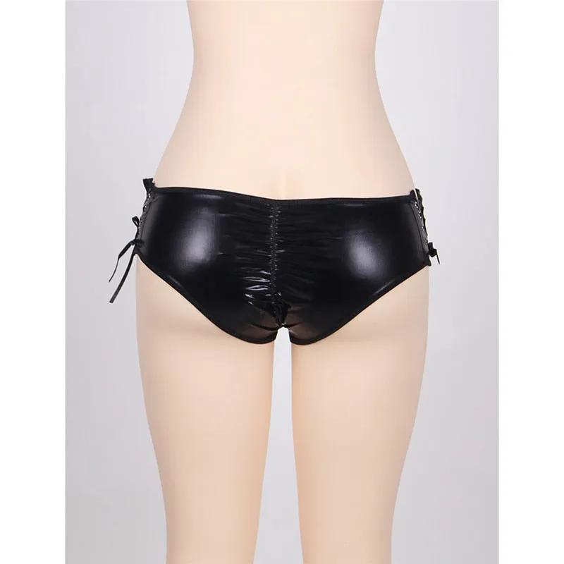 Women's Sexy Leather Low Waist Panties Underpants with Side Opening