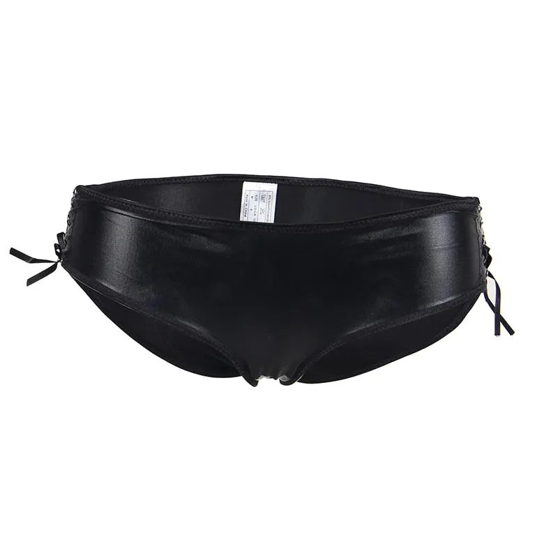 Women's Sexy Leather Low Waist Panties Underpants with Side Opening