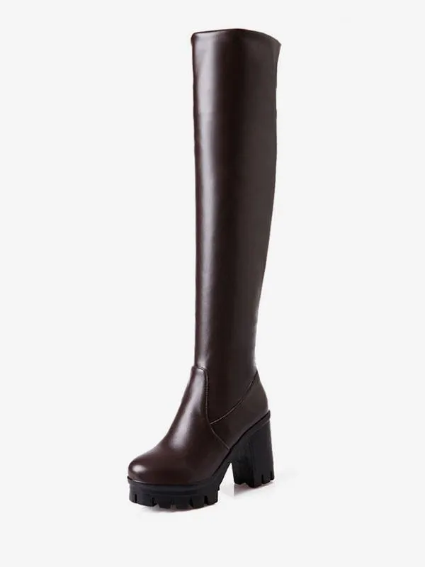 Womens Thigh High Boots Round Toe Chunky Heel Over The Knee Boots